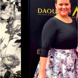 Adrianna Papell black and white floral dress with full skirt.